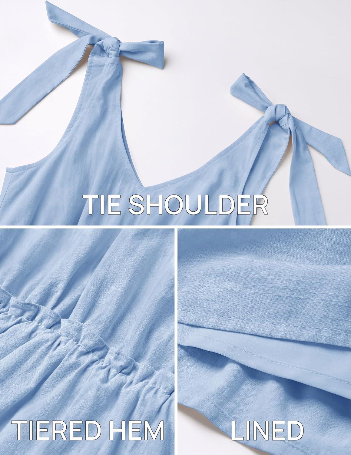 imageZESICA Womens 2026 Summer Casual V Neck Sleeveless Mini Dress Tie Shoulder Tiered Ruffle Swing A Line Short SundressesBlue