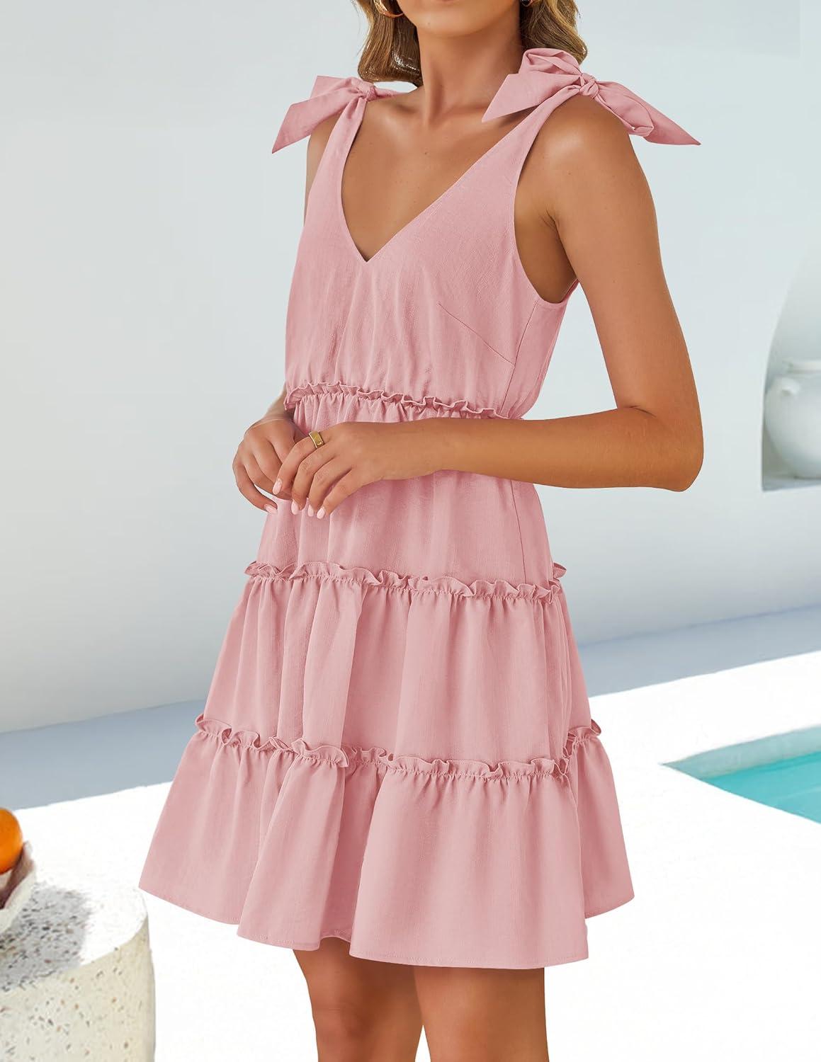 imageZESICA Womens 2026 Summer Casual V Neck Sleeveless Mini Dress Tie Shoulder Tiered Ruffle Swing A Line Short SundressesPink