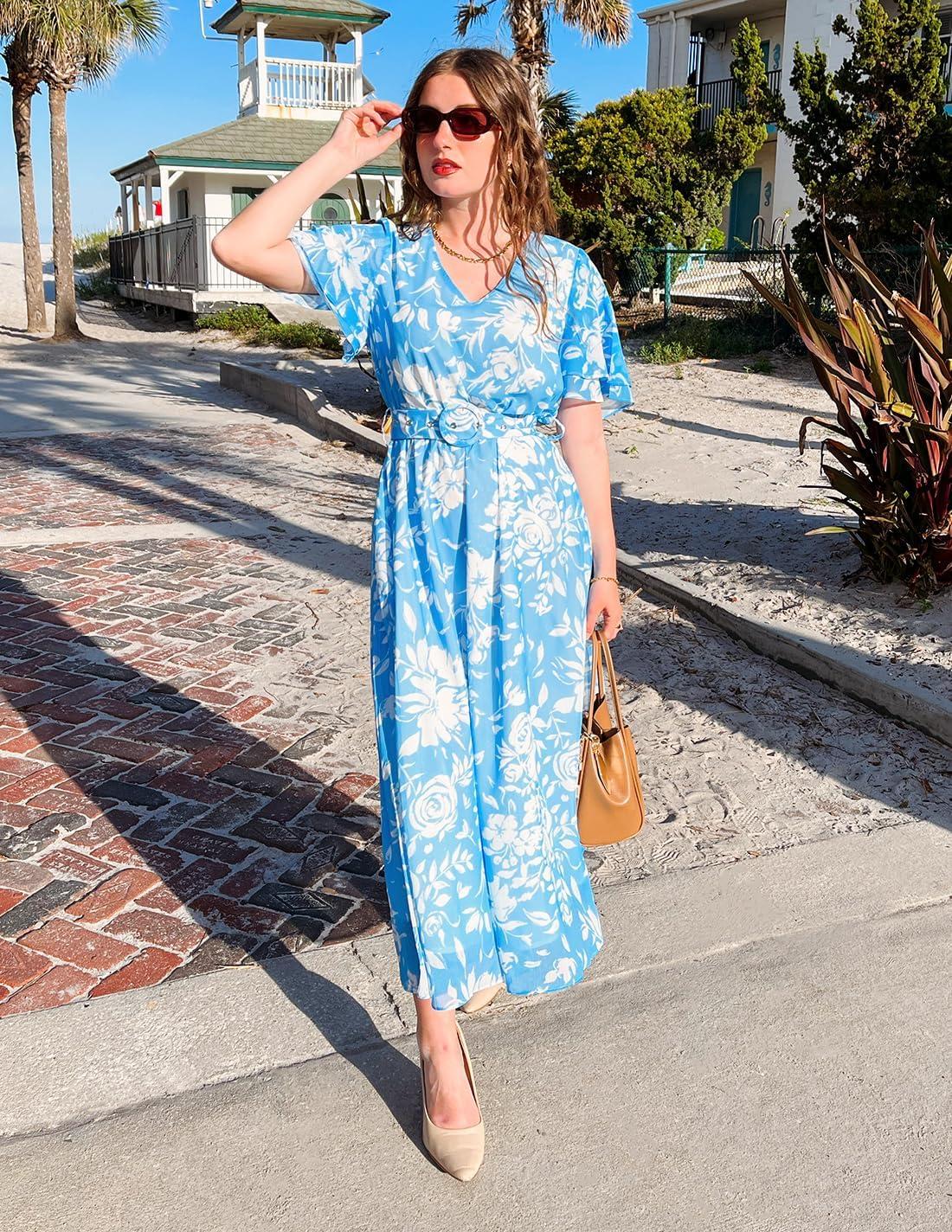 imageZESICA Womens 2026 Summer Floral V Neck Midi Dress Boho Short Sleeve High Waist Flowy Beach Vacation Dresses with BeltBlue