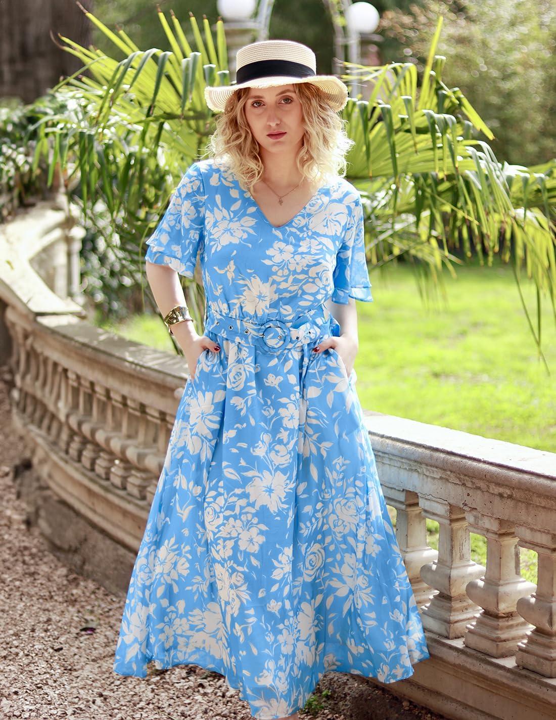 imageZESICA Womens 2026 Summer Floral V Neck Midi Dress Boho Short Sleeve High Waist Flowy Beach Vacation Dresses with BeltBlue