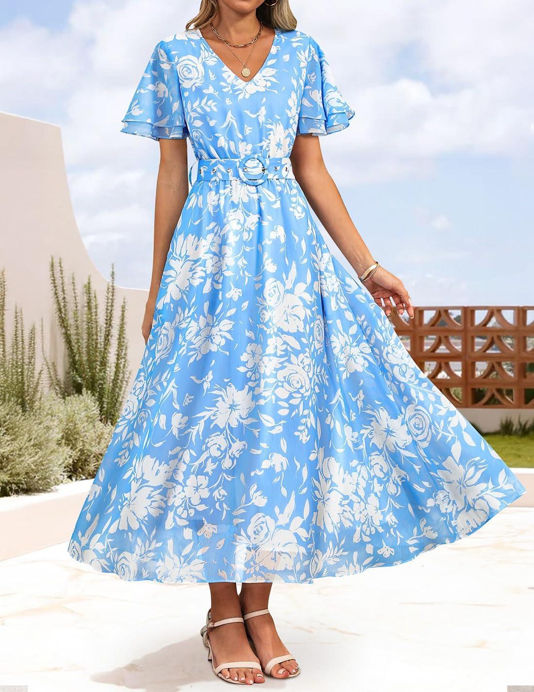 imageZESICA Womens 2026 Summer Floral V Neck Midi Dress Boho Short Sleeve High Waist Flowy Beach Vacation Dresses with BeltBlue