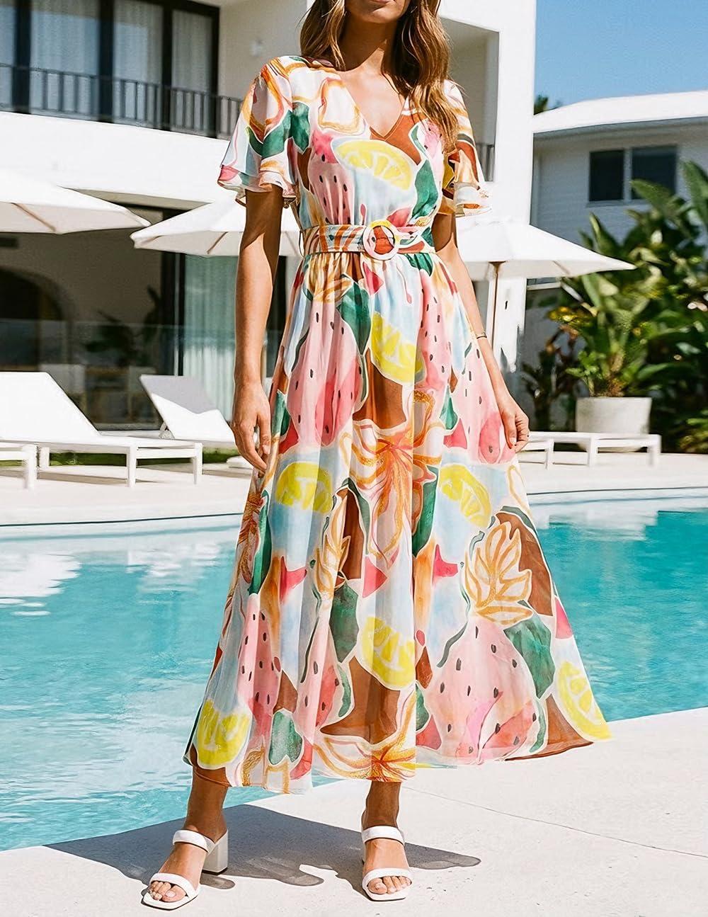 imageZESICA Womens 2026 Summer Floral V Neck Midi Dress Boho Short Sleeve High Waist Flowy Beach Vacation Dresses with BeltBlue Pink