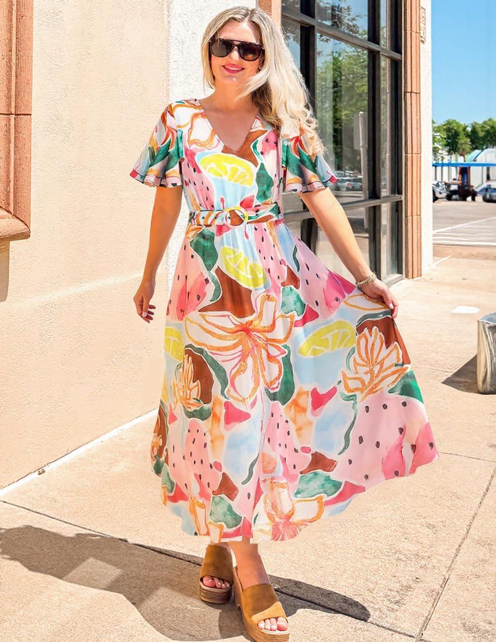 imageZESICA Womens 2026 Summer Floral V Neck Midi Dress Boho Short Sleeve High Waist Flowy Beach Vacation Dresses with BeltBlue Pink