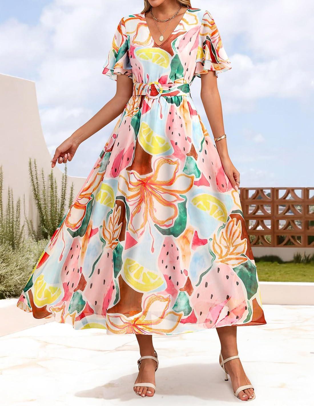 imageZESICA Womens 2026 Summer Floral V Neck Midi Dress Boho Short Sleeve High Waist Flowy Beach Vacation Dresses with BeltBlue Pink