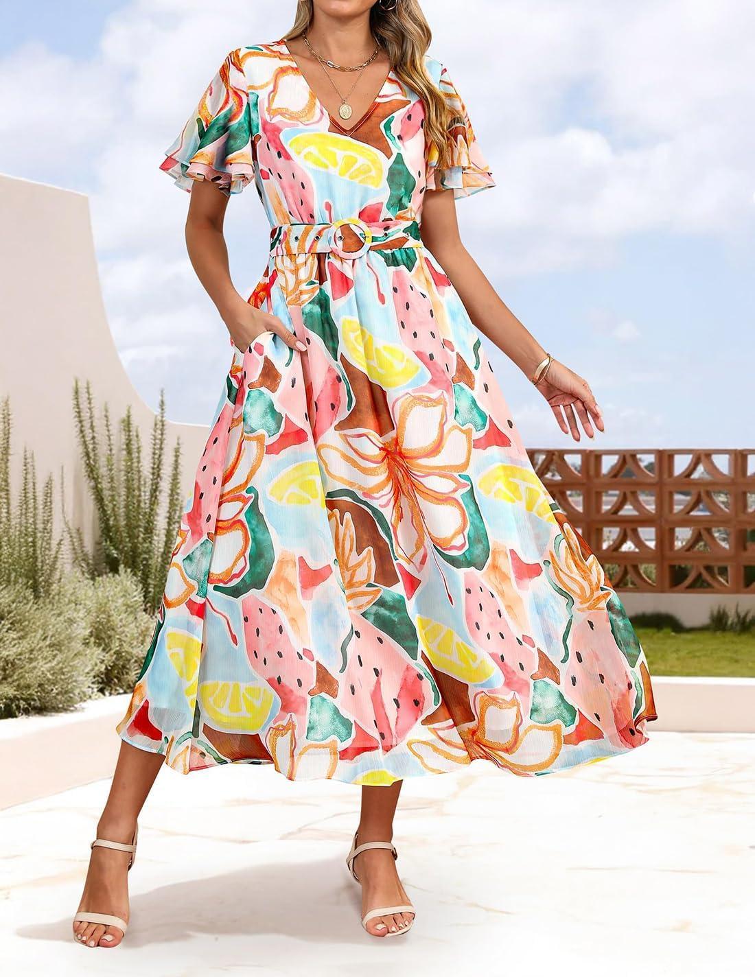 imageZESICA Womens 2026 Summer Floral V Neck Midi Dress Boho Short Sleeve High Waist Flowy Beach Vacation Dresses with BeltBlue Pink