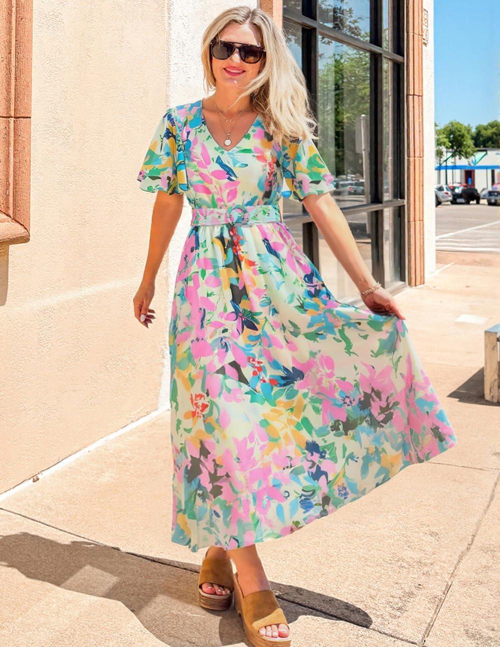 imageZESICA Womens 2026 Summer Floral V Neck Midi Dress Boho Short Sleeve High Waist Flowy Beach Vacation Dresses with BeltGreen