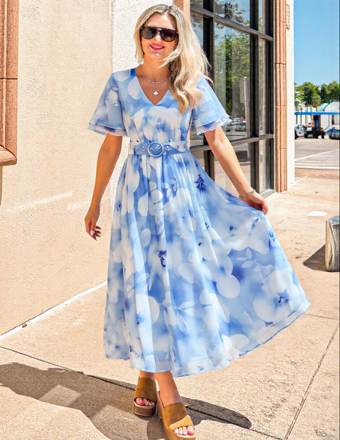 imageZESICA Womens 2026 Summer Floral V Neck Midi Dress Boho Short Sleeve High Waist Flowy Beach Vacation Dresses with BeltLightblue