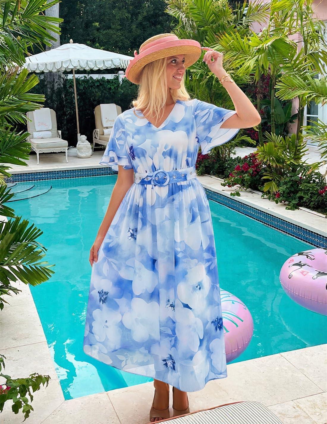 imageZESICA Womens 2026 Summer Floral V Neck Midi Dress Boho Short Sleeve High Waist Flowy Beach Vacation Dresses with BeltLightblue