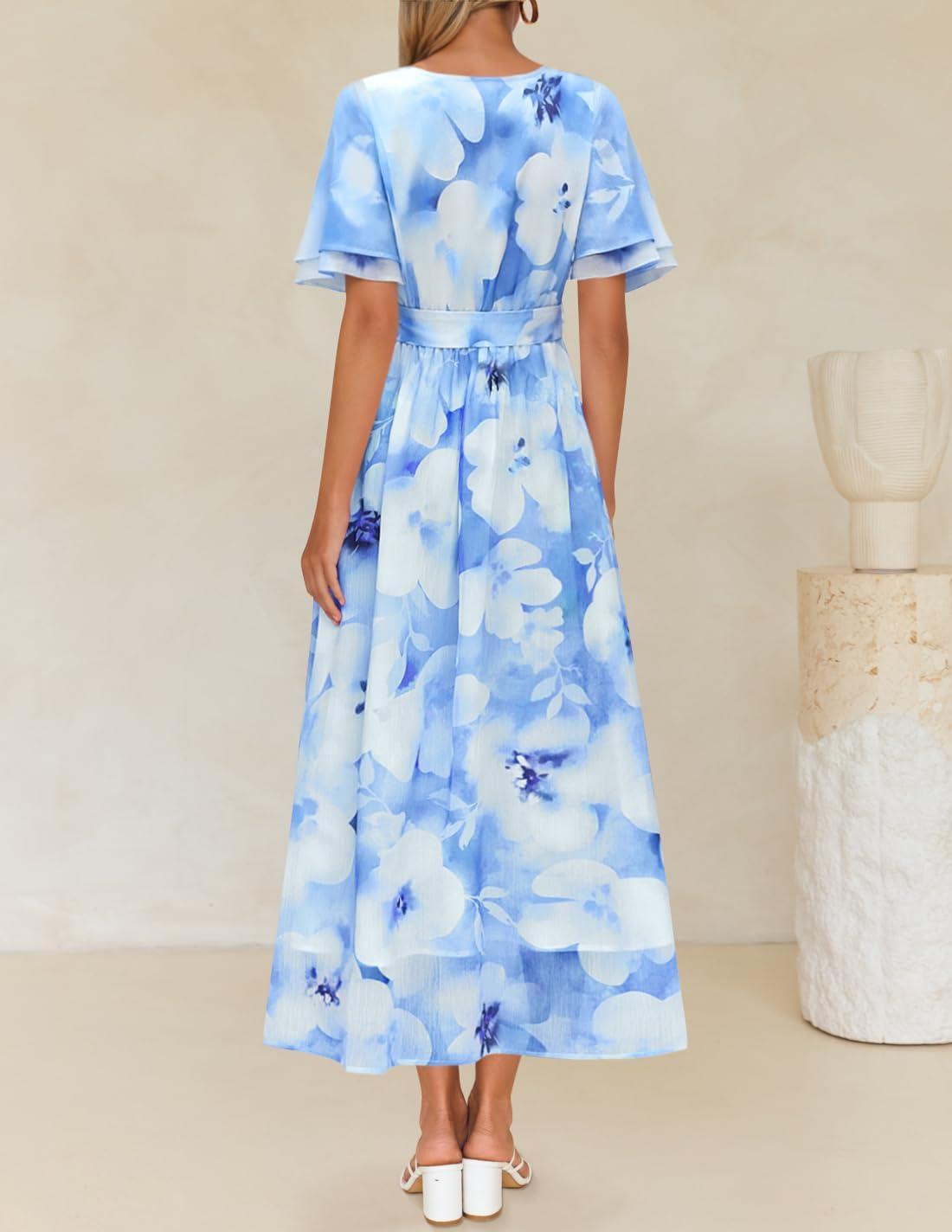 imageZESICA Womens 2026 Summer Floral V Neck Midi Dress Boho Short Sleeve High Waist Flowy Beach Vacation Dresses with BeltLightblue