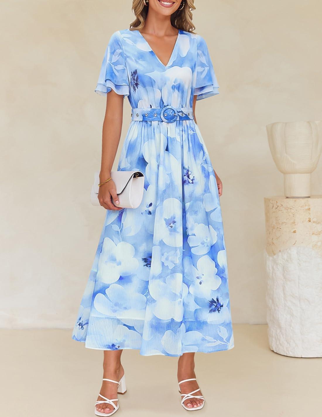 imageZESICA Womens 2026 Summer Floral V Neck Midi Dress Boho Short Sleeve High Waist Flowy Beach Vacation Dresses with BeltLightblue