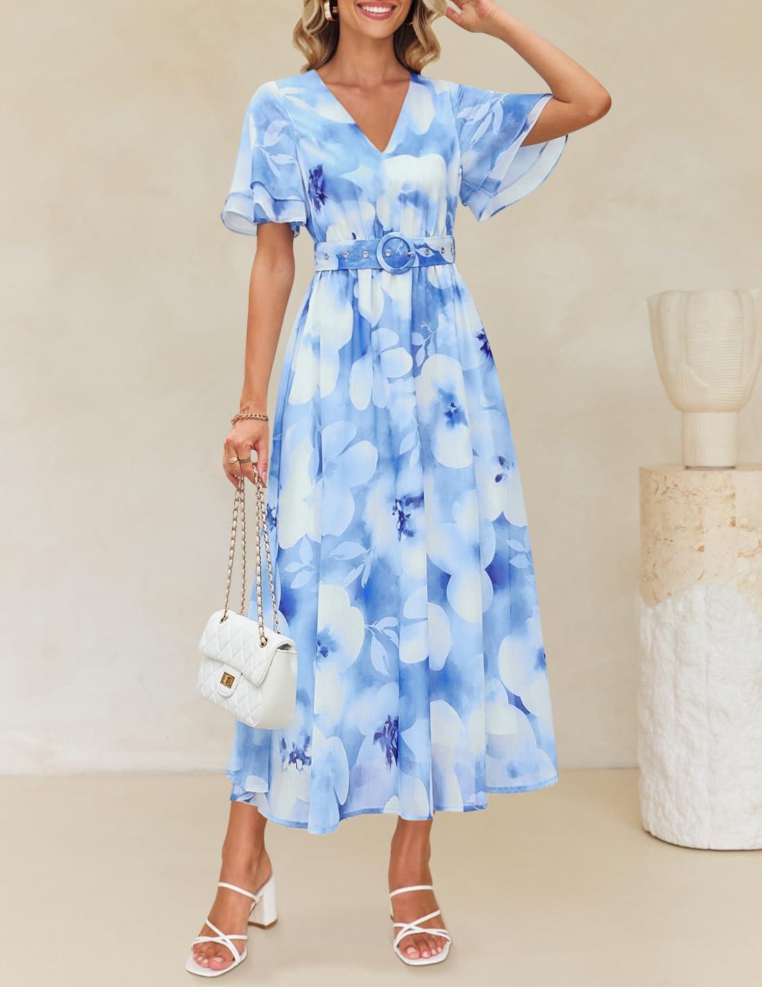 imageZESICA Womens 2026 Summer Floral V Neck Midi Dress Boho Short Sleeve High Waist Flowy Beach Vacation Dresses with BeltLightblue