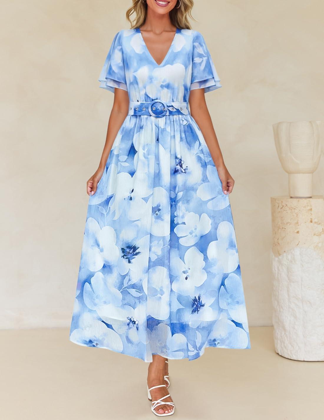 imageZESICA Womens 2026 Summer Floral V Neck Midi Dress Boho Short Sleeve High Waist Flowy Beach Vacation Dresses with BeltLightblue