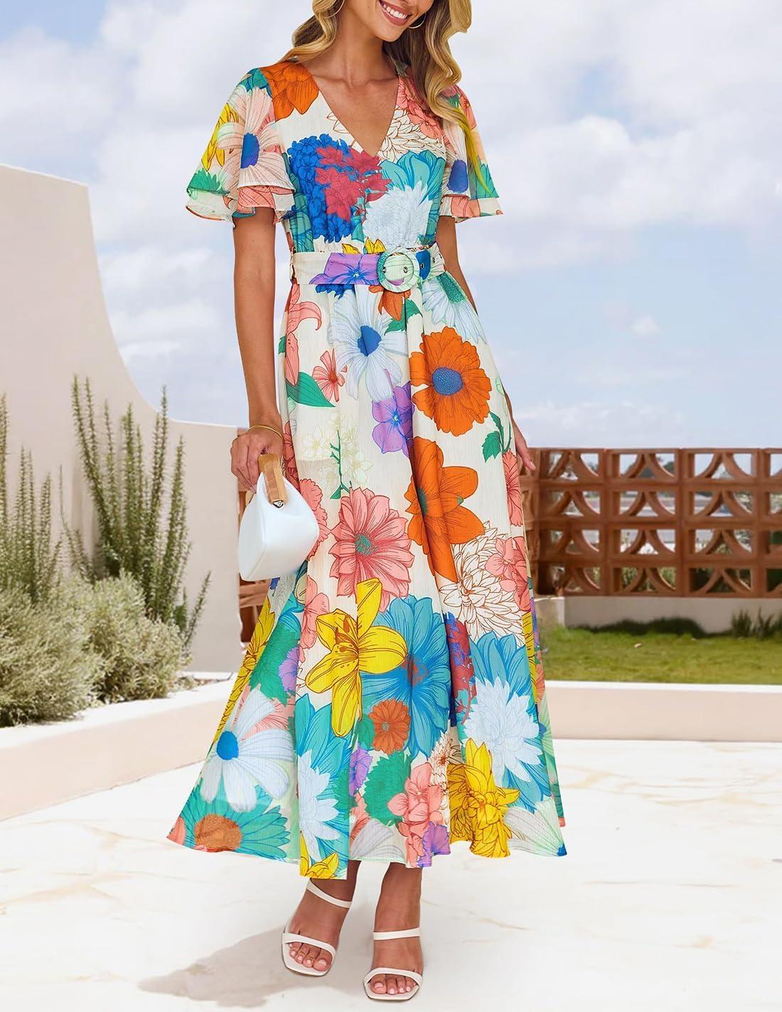 imageZESICA Womens 2026 Summer Floral V Neck Midi Dress Boho Short Sleeve High Waist Flowy Beach Vacation Dresses with BeltOrangeyellow