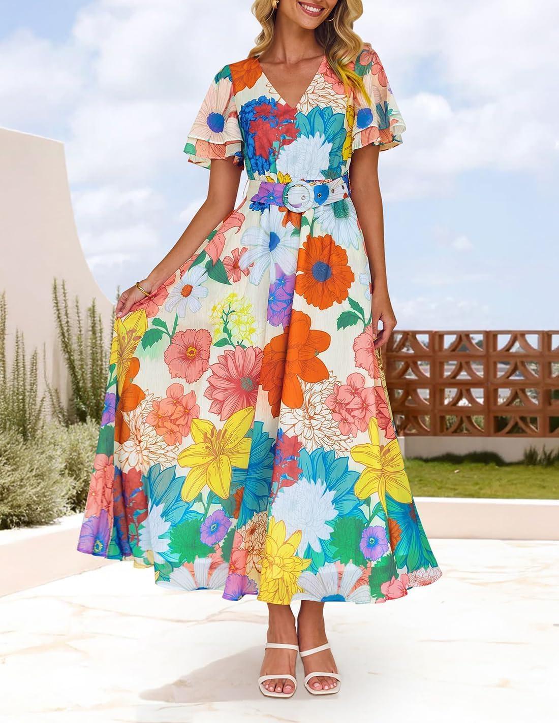 imageZESICA Womens 2026 Summer Floral V Neck Midi Dress Boho Short Sleeve High Waist Flowy Beach Vacation Dresses with BeltOrangeyellow