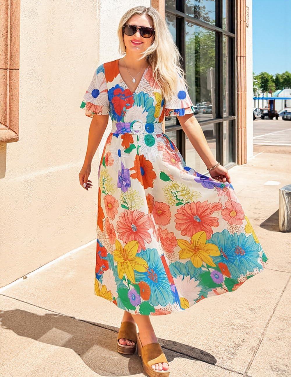 imageZESICA Womens 2026 Summer Floral V Neck Midi Dress Boho Short Sleeve High Waist Flowy Beach Vacation Dresses with BeltOrangeyellow