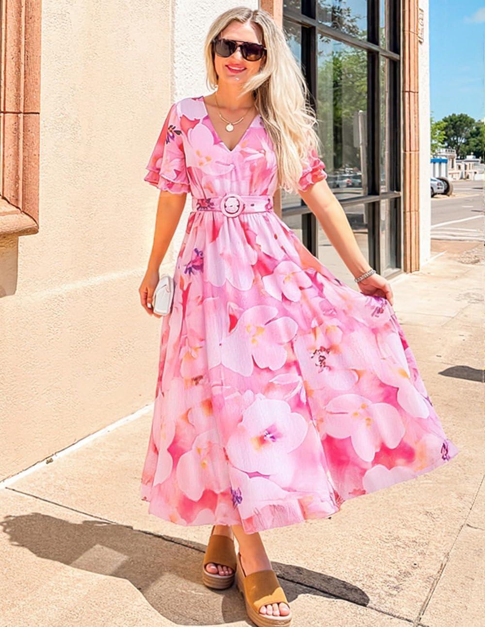 imageZESICA Womens 2026 Summer Floral V Neck Midi Dress Boho Short Sleeve High Waist Flowy Beach Vacation Dresses with BeltPink