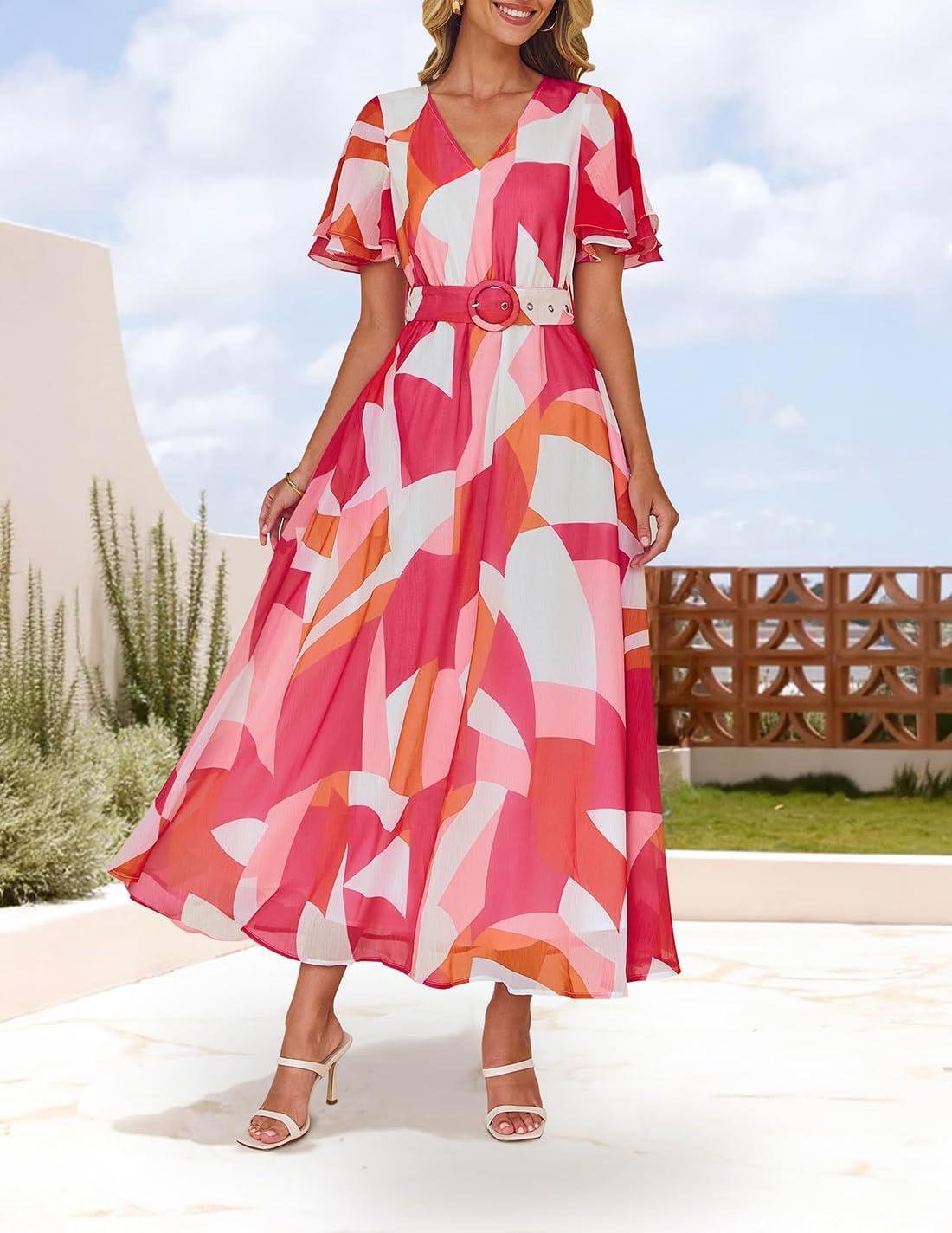 imageZESICA Womens 2026 Summer Floral V Neck Midi Dress Boho Short Sleeve High Waist Flowy Beach Vacation Dresses with BeltRose