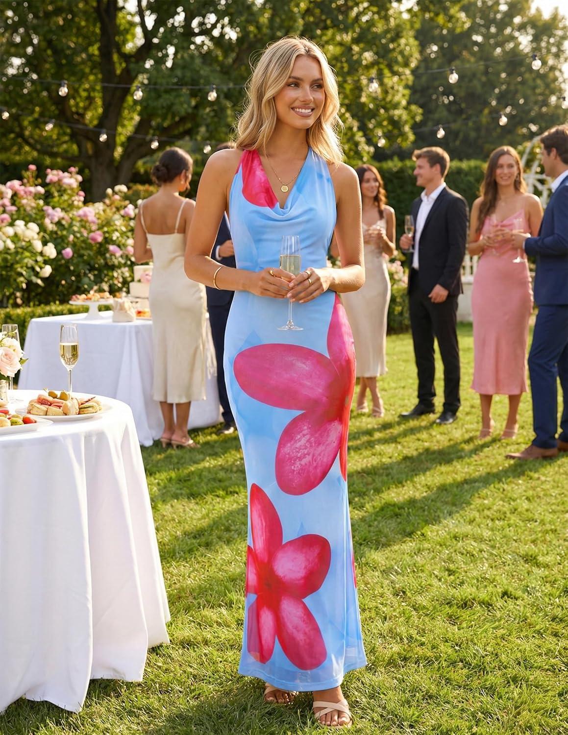 imageZESICA Womens 2026 Summer Halter Neck Floral Print Maxi Dress Sleeveless Backless Wedding Guest Party Bodycon Long DressesBlue
