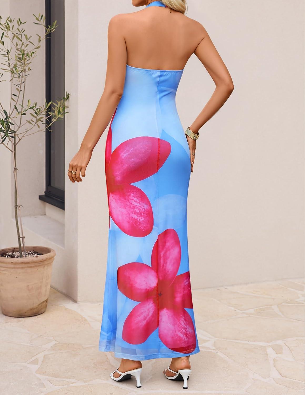 imageZESICA Womens 2026 Summer Halter Neck Floral Print Maxi Dress Sleeveless Backless Wedding Guest Party Bodycon Long DressesBlue