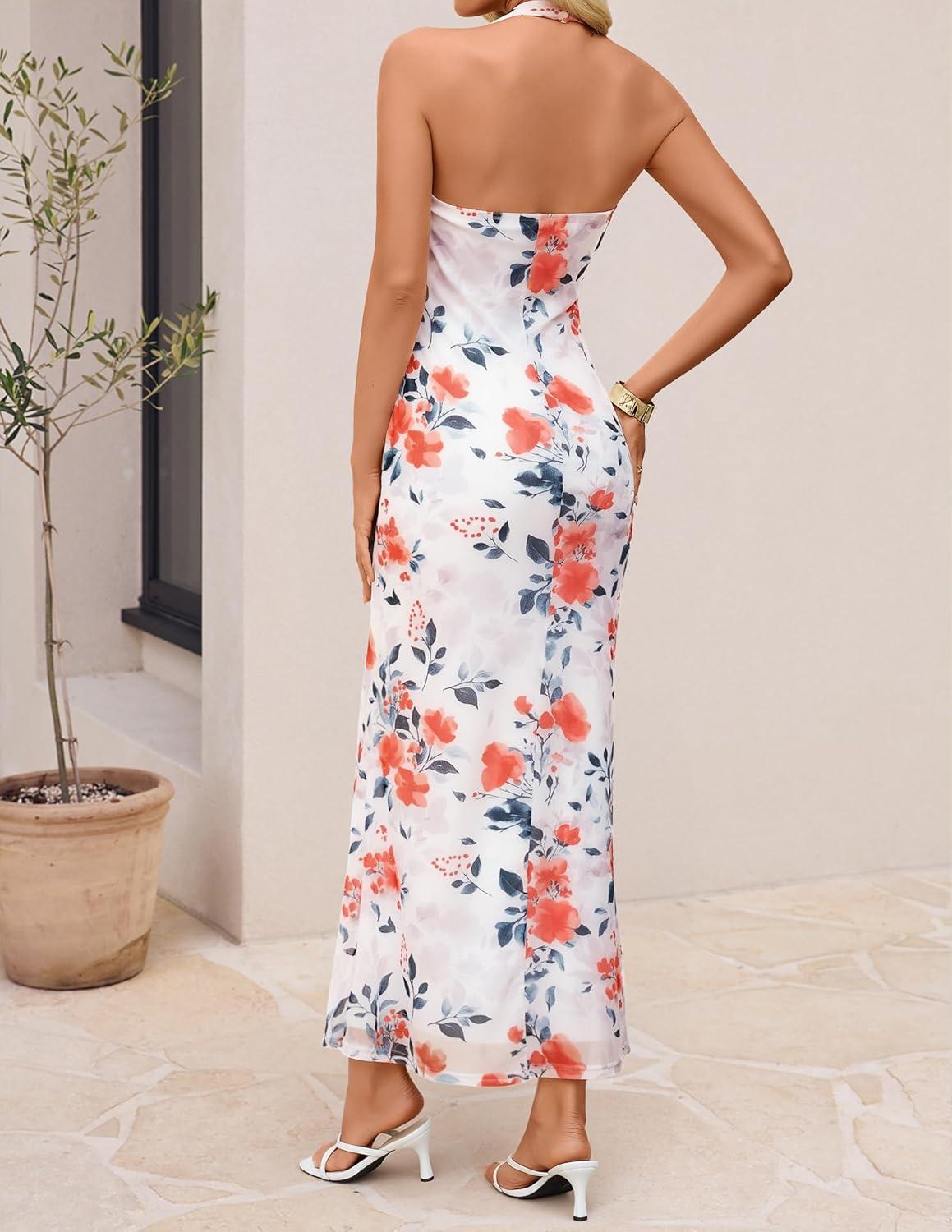 imageZESICA Womens 2026 Summer Halter Neck Floral Print Maxi Dress Sleeveless Backless Wedding Guest Party Bodycon Long DressesIvory