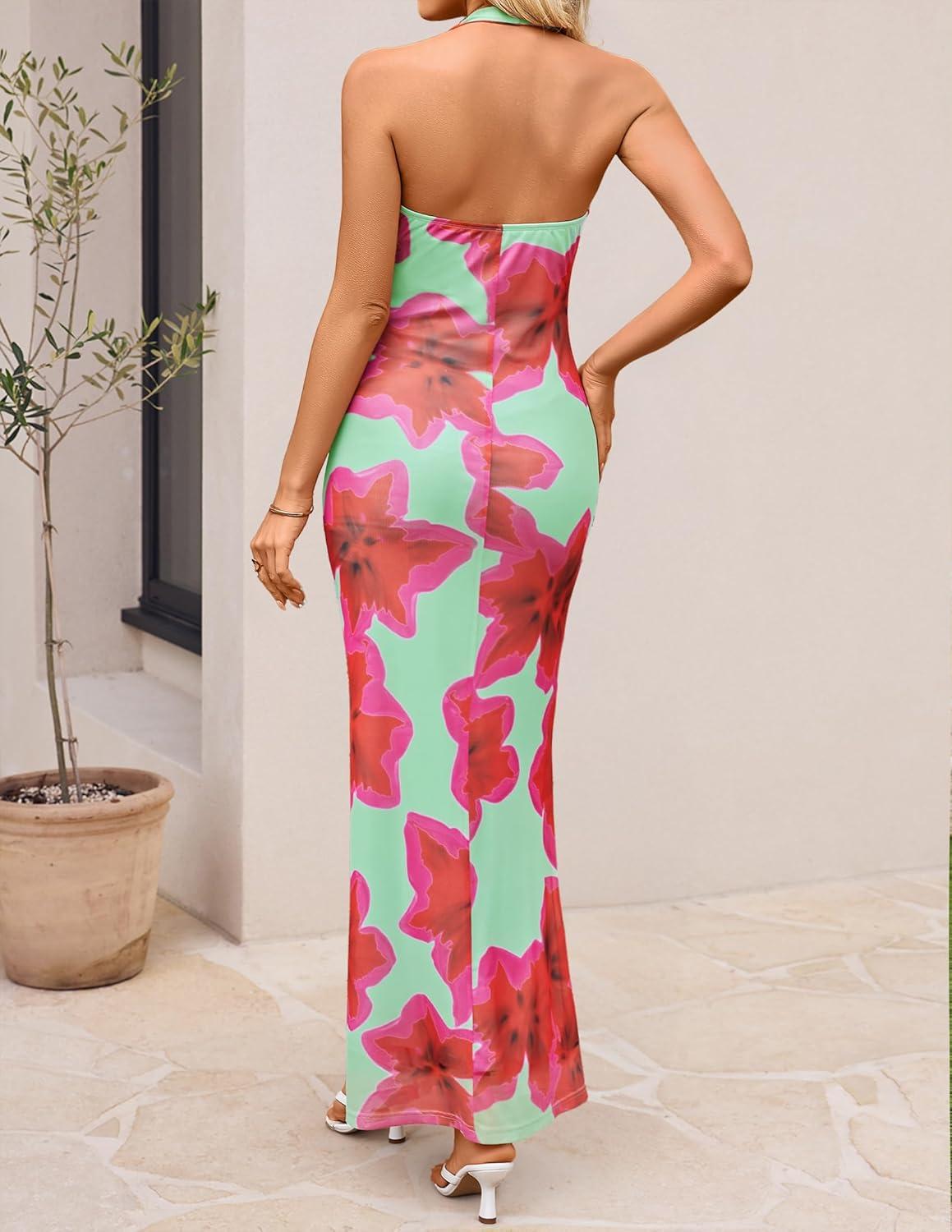 imageZESICA Womens 2026 Summer Halter Neck Floral Print Maxi Dress Sleeveless Backless Wedding Guest Party Bodycon Long DressesLight Green