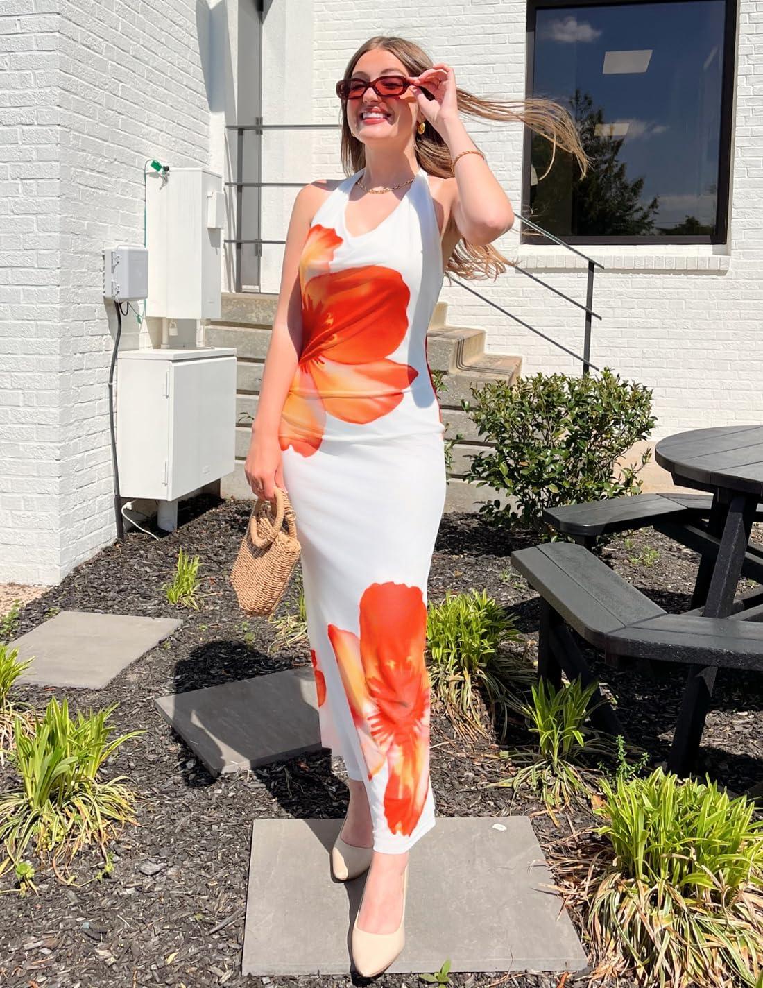 imageZESICA Womens 2026 Summer Halter Neck Floral Print Maxi Dress Sleeveless Backless Wedding Guest Party Bodycon Long DressesOrange