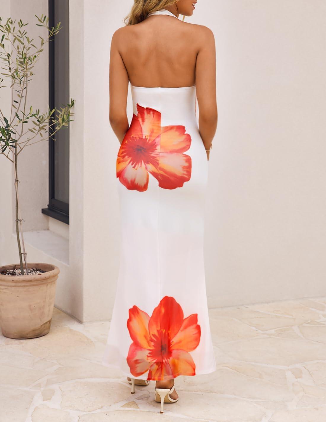imageZESICA Womens 2026 Summer Halter Neck Floral Print Maxi Dress Sleeveless Backless Wedding Guest Party Bodycon Long DressesOrange