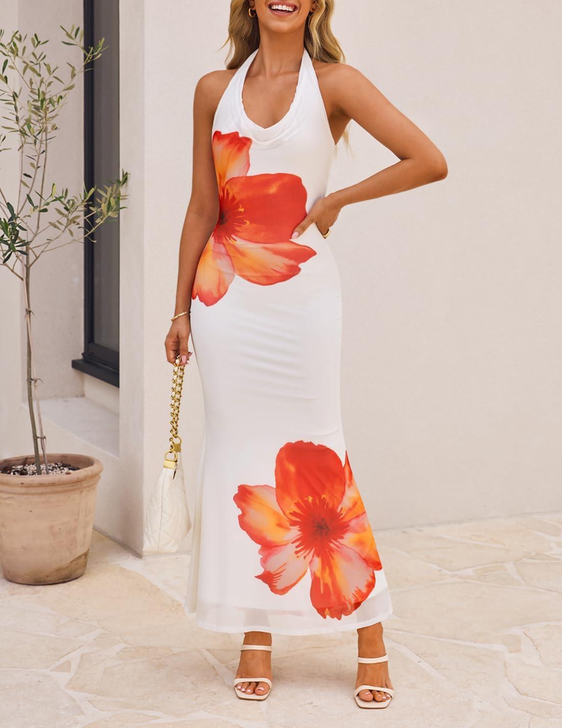 imageZESICA Womens 2026 Summer Halter Neck Floral Print Maxi Dress Sleeveless Backless Wedding Guest Party Bodycon Long DressesOrange
