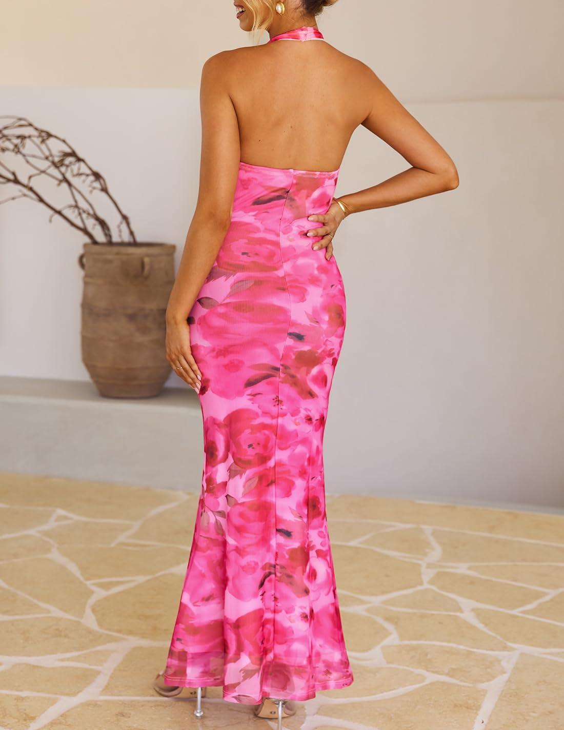imageZESICA Womens 2026 Summer Halter Neck Floral Print Maxi Dress Sleeveless Backless Wedding Guest Party Bodycon Long DressesRosypink