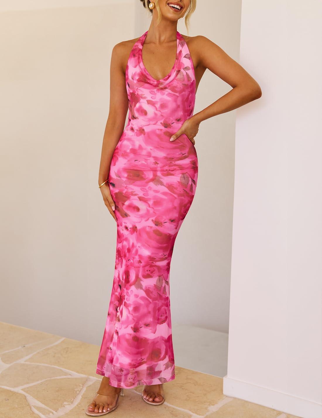 imageZESICA Womens 2026 Summer Halter Neck Floral Print Maxi Dress Sleeveless Backless Wedding Guest Party Bodycon Long DressesRosypink