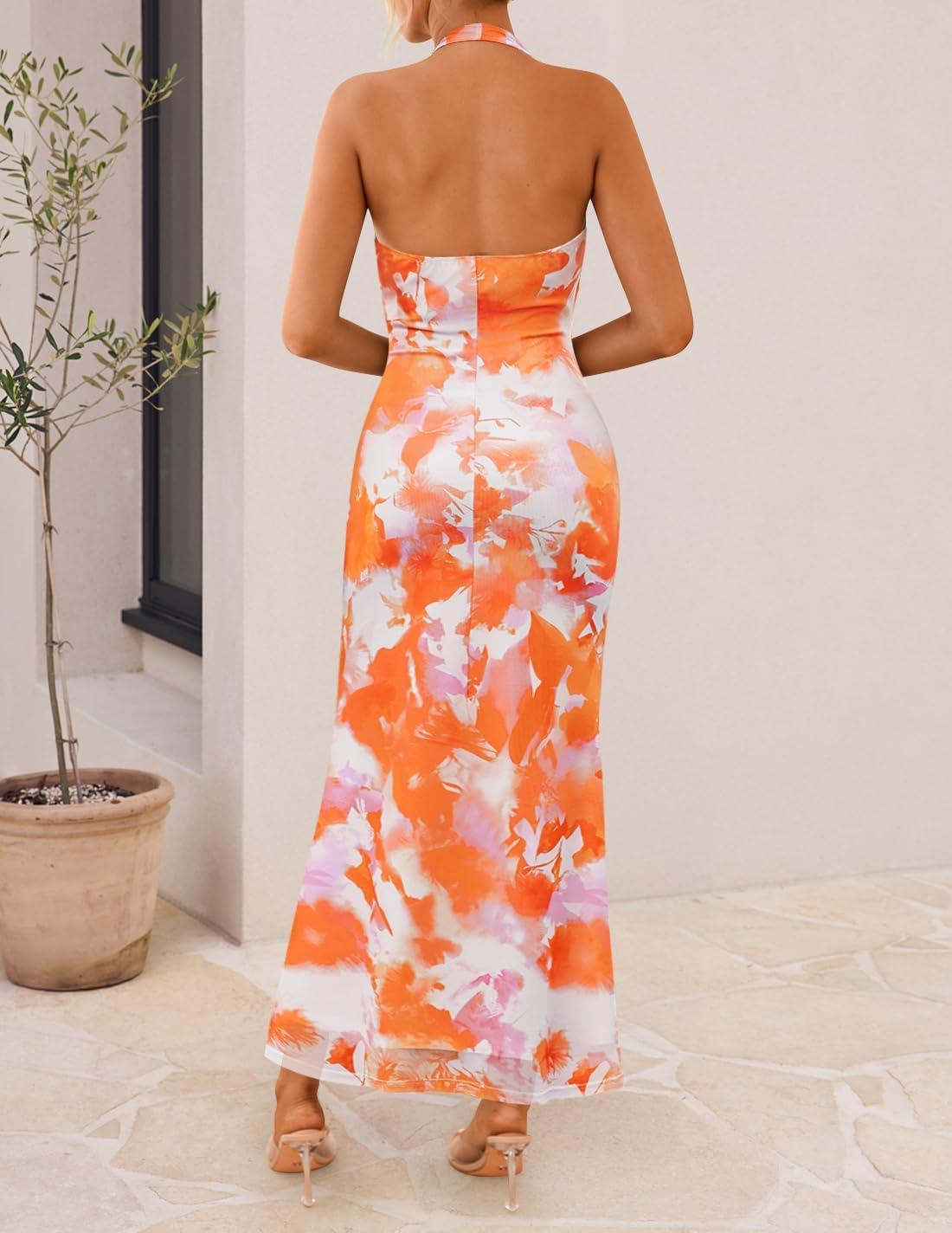 imageZESICA Womens 2026 Summer Halter Neck Floral Print Maxi Dress Sleeveless Backless Wedding Guest Party Bodycon Long DressesTangerine