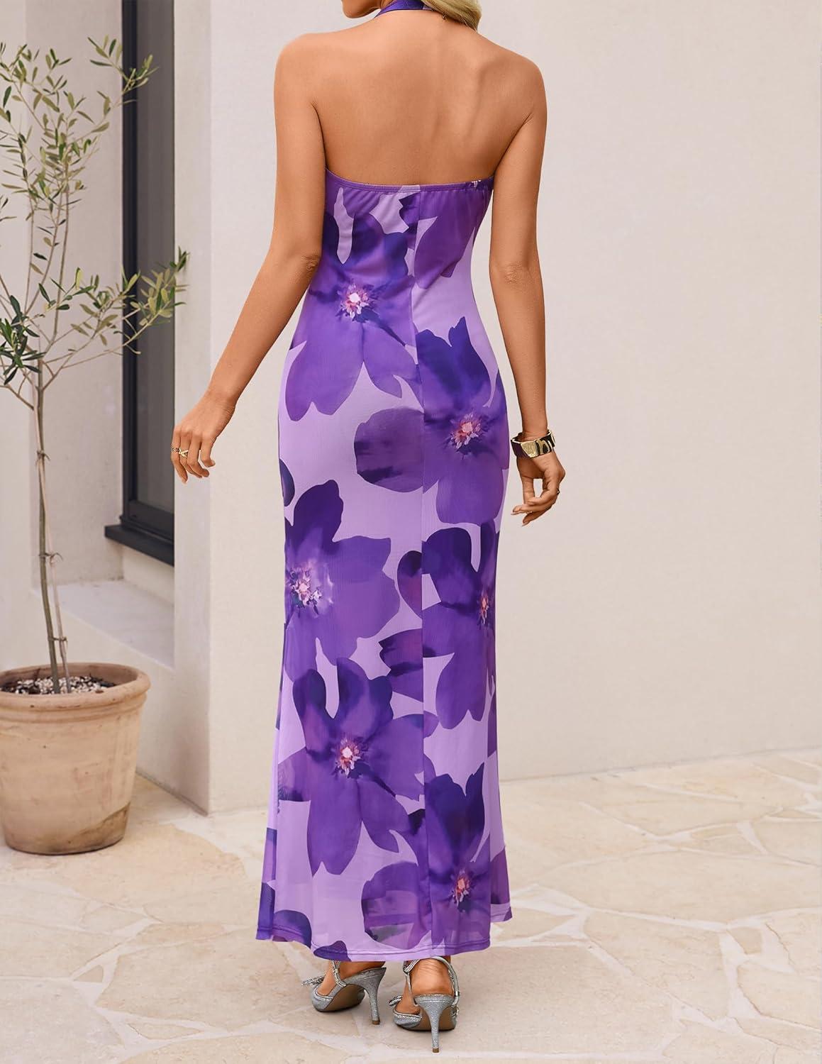 imageZESICA Womens 2026 Summer Halter Neck Floral Print Maxi Dress Sleeveless Backless Wedding Guest Party Bodycon Long DressesViolets