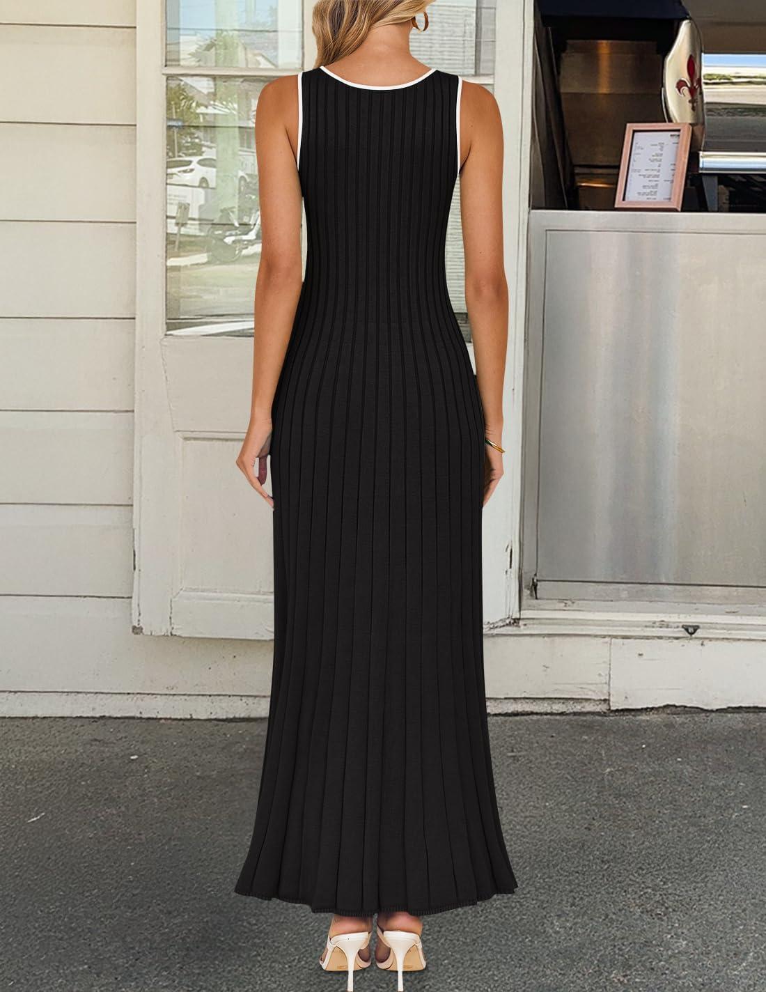 imageZESICA Womens 2026 Summer Long Maxi Dress Sleeveless Crew Neck Hollow Out Pleated Ribbed Knit Swing Tank DressesBlack