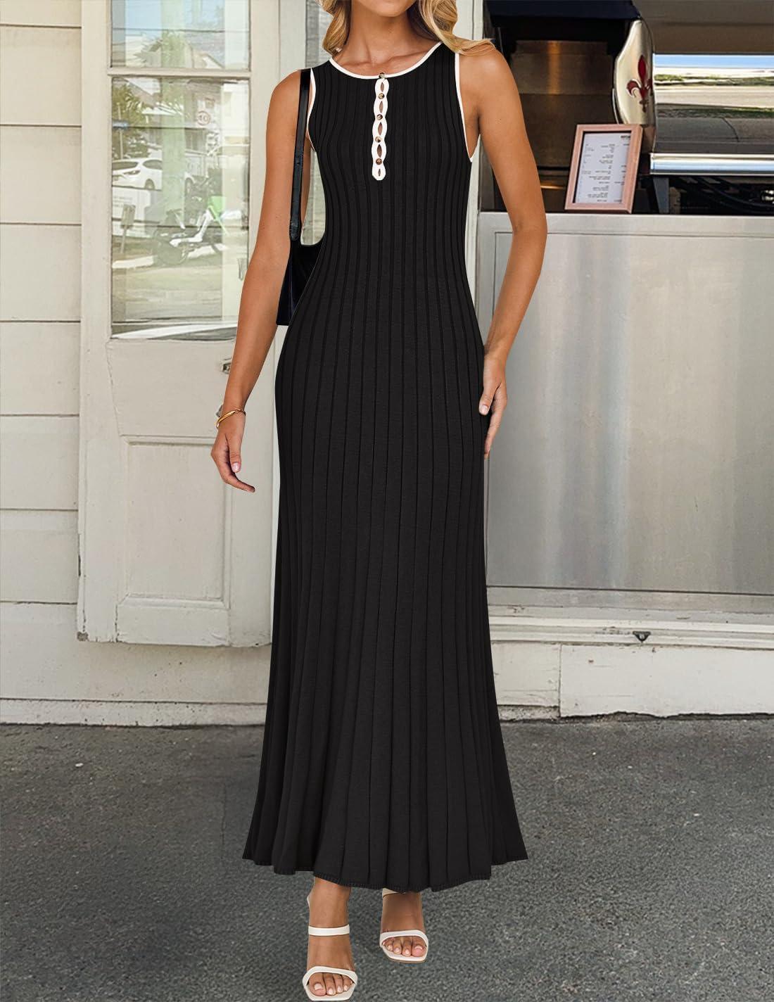 imageZESICA Womens 2026 Summer Long Maxi Dress Sleeveless Crew Neck Hollow Out Pleated Ribbed Knit Swing Tank DressesBlack