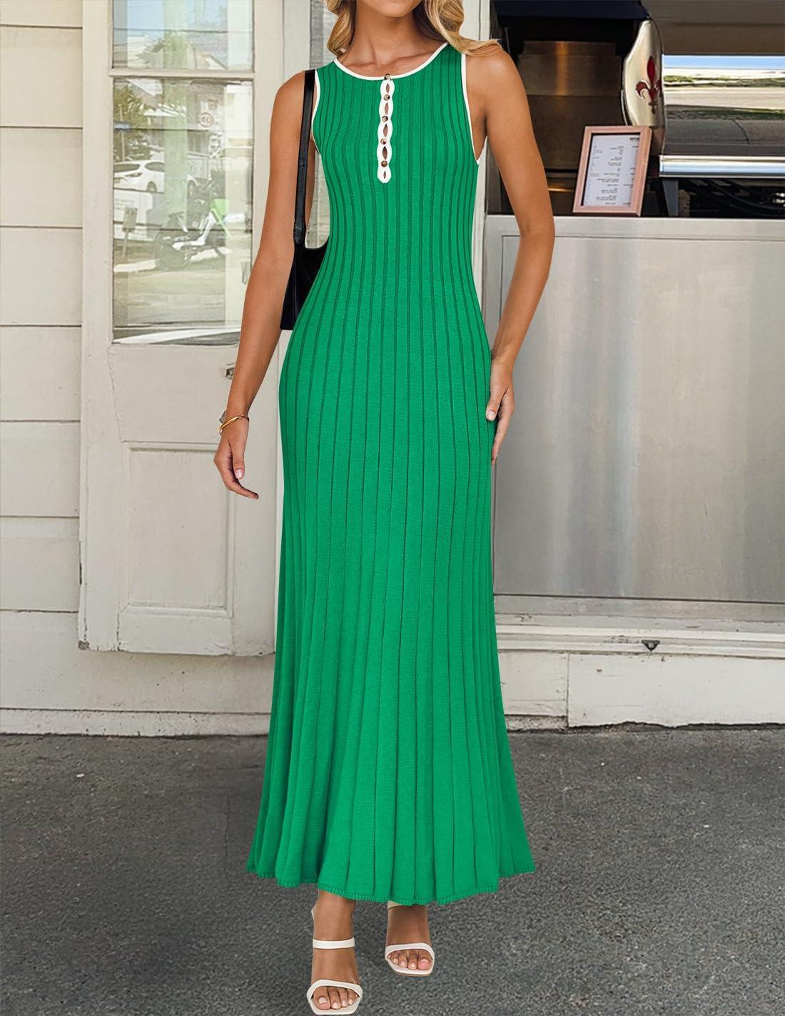 imageZESICA Womens 2026 Summer Long Maxi Dress Sleeveless Crew Neck Hollow Out Pleated Ribbed Knit Swing Tank DressesGreen