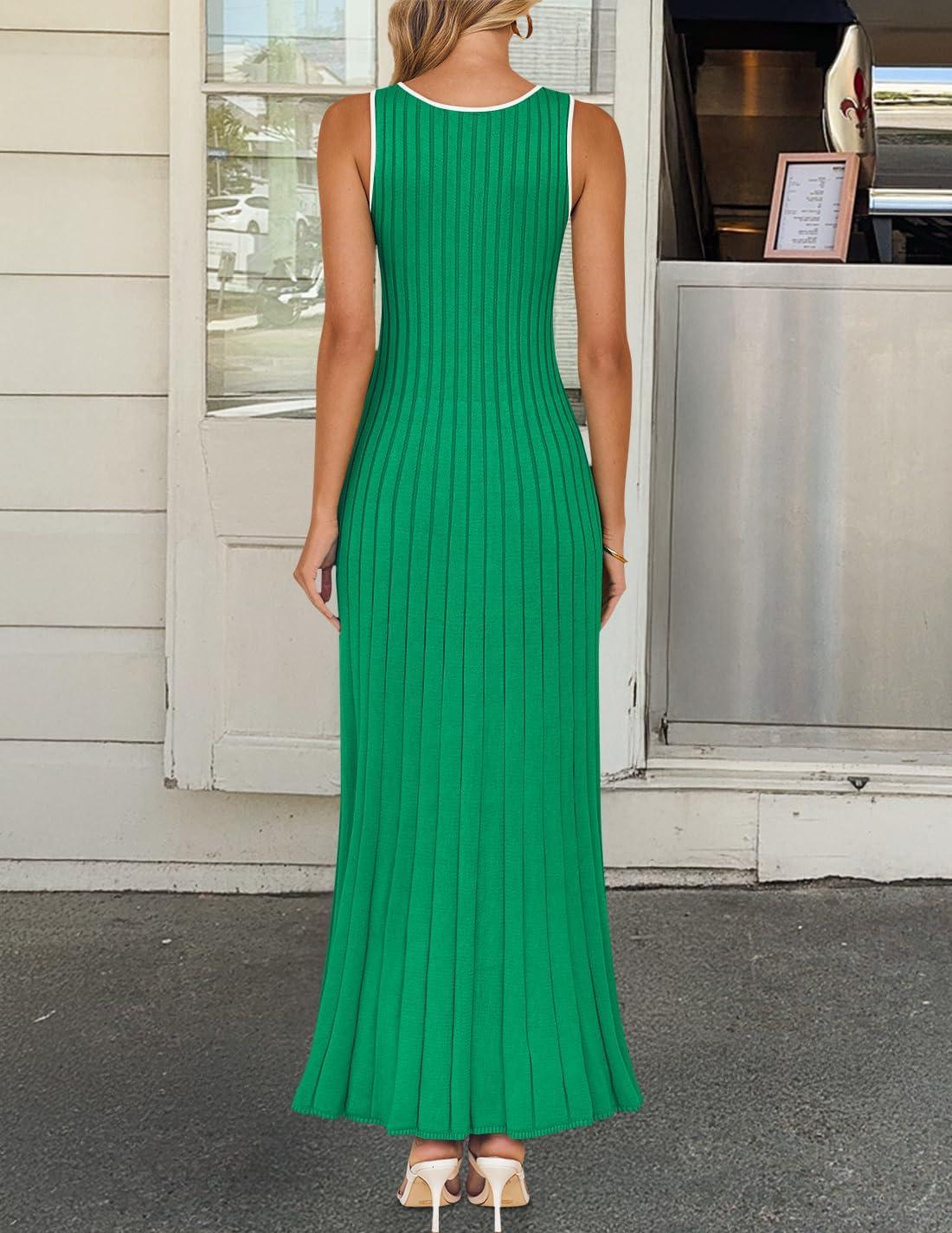 imageZESICA Womens 2026 Summer Long Maxi Dress Sleeveless Crew Neck Hollow Out Pleated Ribbed Knit Swing Tank DressesGreen
