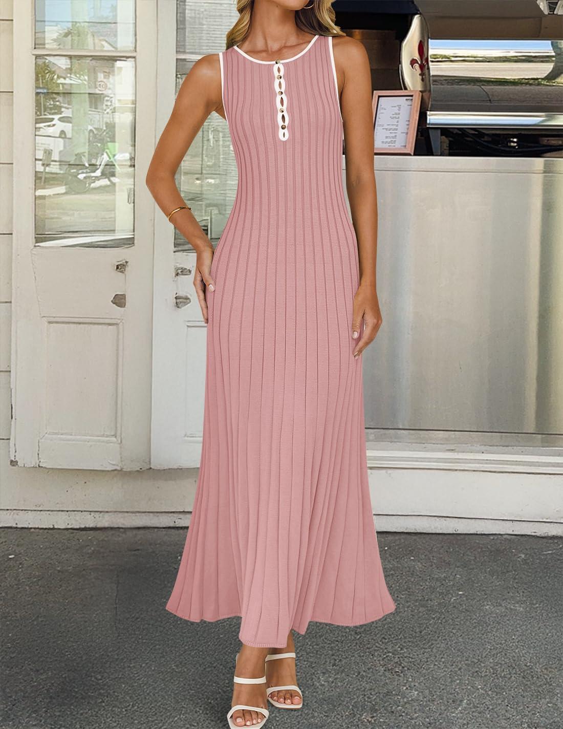 imageZESICA Womens 2026 Summer Long Maxi Dress Sleeveless Crew Neck Hollow Out Pleated Ribbed Knit Swing Tank DressesPink