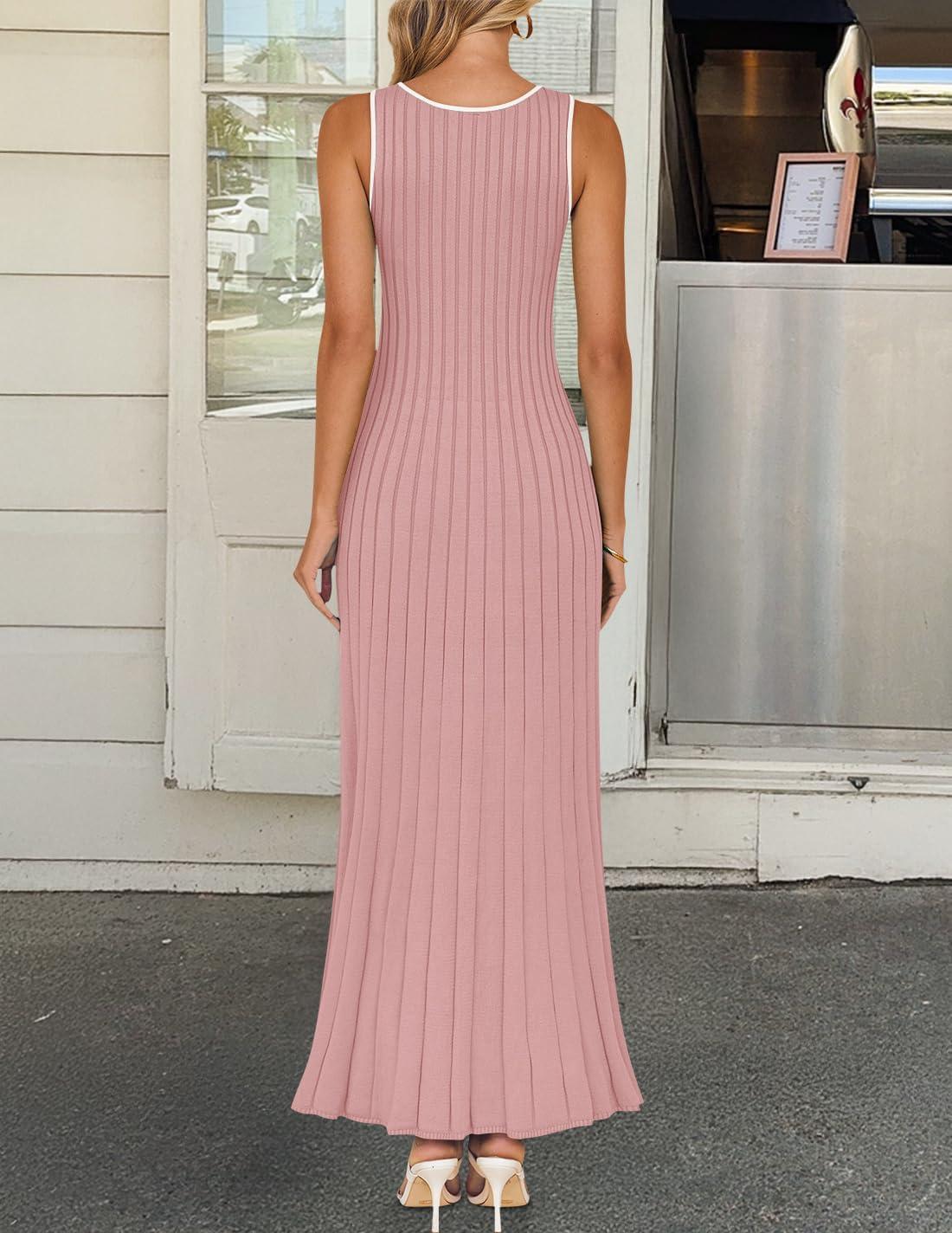 imageZESICA Womens 2026 Summer Long Maxi Dress Sleeveless Crew Neck Hollow Out Pleated Ribbed Knit Swing Tank DressesPink