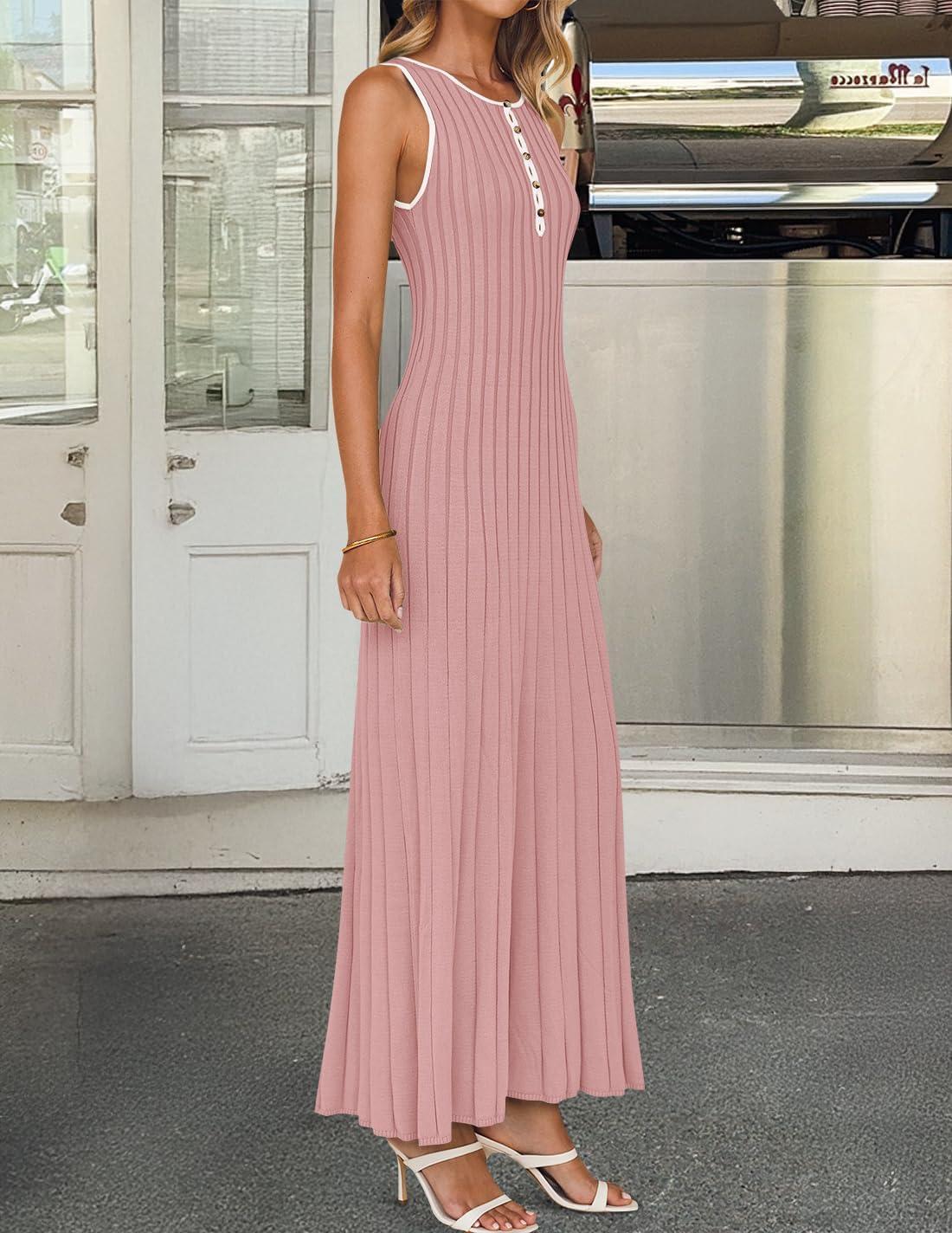 imageZESICA Womens 2026 Summer Long Maxi Dress Sleeveless Crew Neck Hollow Out Pleated Ribbed Knit Swing Tank DressesPink