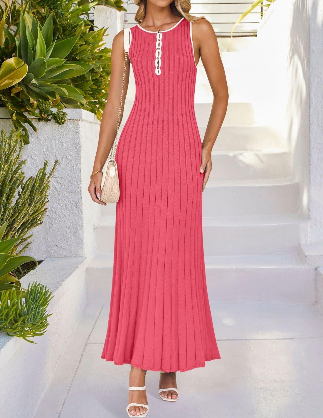 imageZESICA Womens 2026 Summer Long Maxi Dress Sleeveless Crew Neck Hollow Out Pleated Ribbed Knit Swing Tank DressesWatermelonred