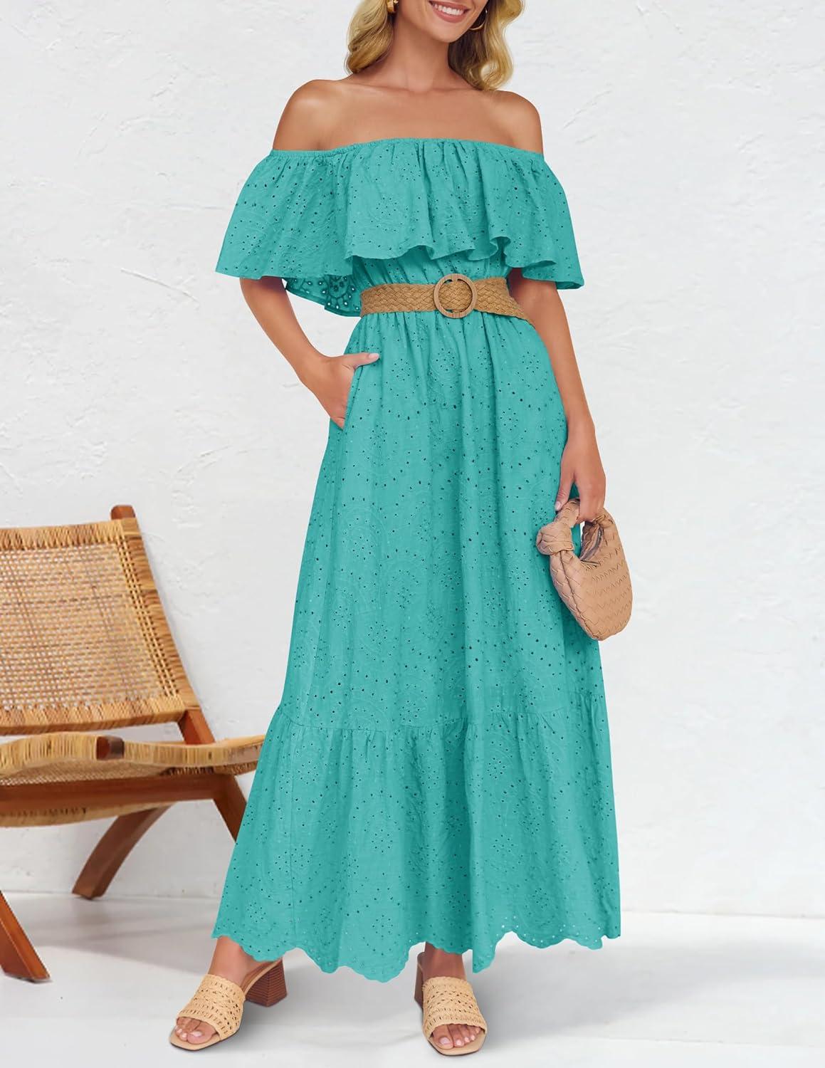 imageZESICA Womens 2026 Summer Off Shoulder Ruffle Midi Dress Short Sleeve High Waist Hollow Out Embroidery Party DressesAqua