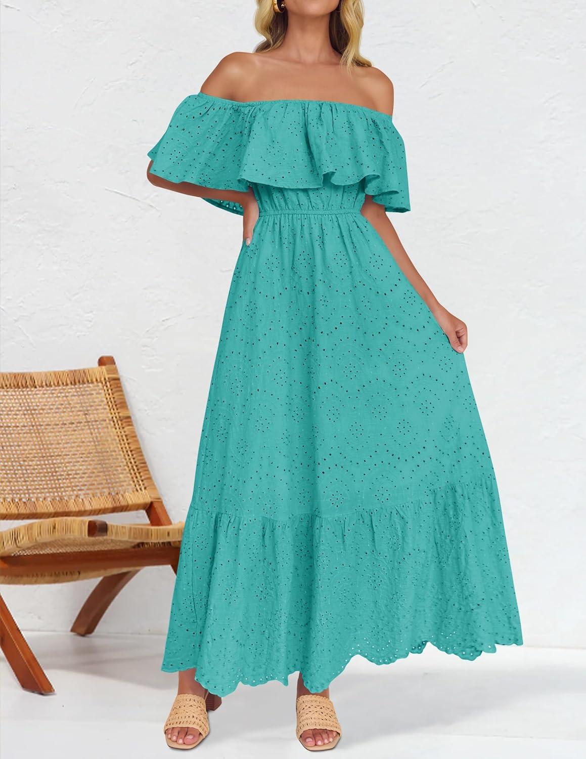 imageZESICA Womens 2026 Summer Off Shoulder Ruffle Midi Dress Short Sleeve High Waist Hollow Out Embroidery Party DressesAqua