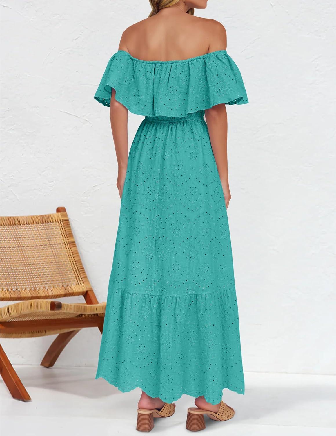 imageZESICA Womens 2026 Summer Off Shoulder Ruffle Midi Dress Short Sleeve High Waist Hollow Out Embroidery Party DressesAqua