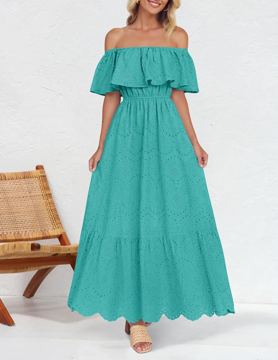 imageZESICA Womens 2026 Summer Off Shoulder Ruffle Midi Dress Short Sleeve High Waist Hollow Out Embroidery Party DressesAqua
