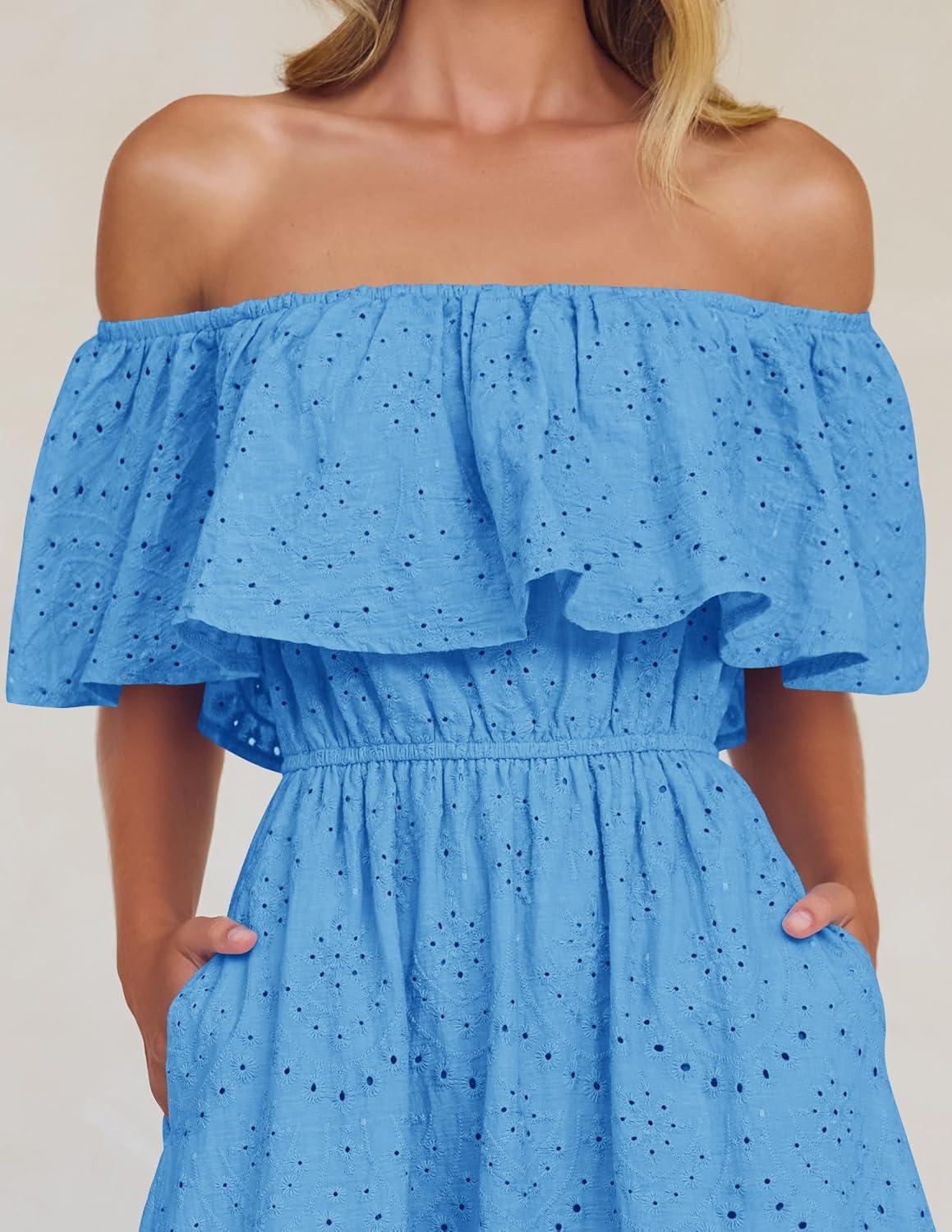 imageZESICA Womens 2026 Summer Off Shoulder Ruffle Midi Dress Short Sleeve High Waist Hollow Out Embroidery Party DressesBlue