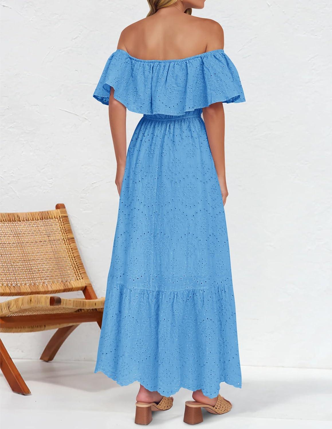 imageZESICA Womens 2026 Summer Off Shoulder Ruffle Midi Dress Short Sleeve High Waist Hollow Out Embroidery Party DressesBlue