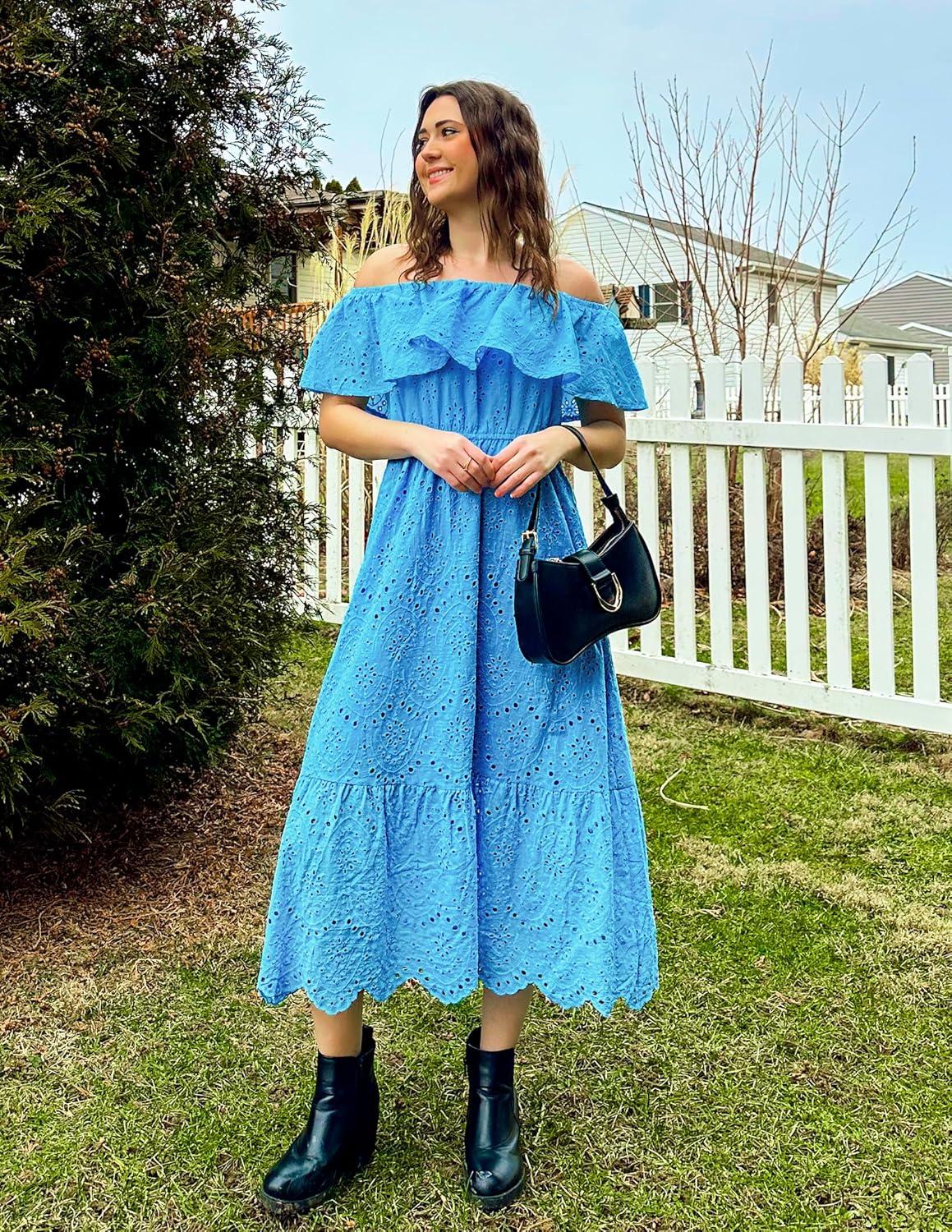 imageZESICA Womens 2026 Summer Off Shoulder Ruffle Midi Dress Short Sleeve High Waist Hollow Out Embroidery Party DressesBlue