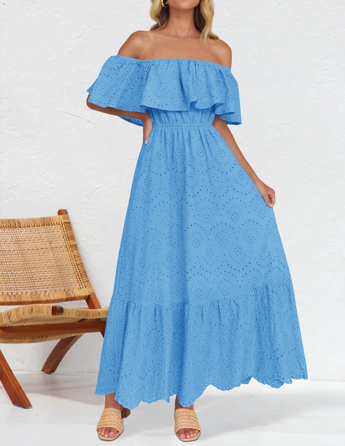 imageZESICA Womens 2026 Summer Off Shoulder Ruffle Midi Dress Short Sleeve High Waist Hollow Out Embroidery Party DressesBlue