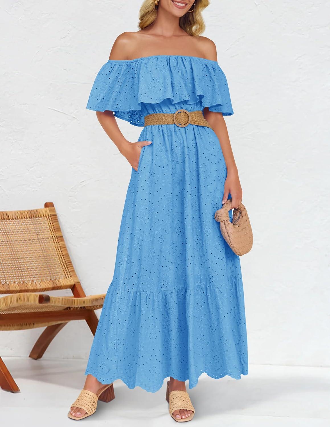 imageZESICA Womens 2026 Summer Off Shoulder Ruffle Midi Dress Short Sleeve High Waist Hollow Out Embroidery Party DressesBlue
