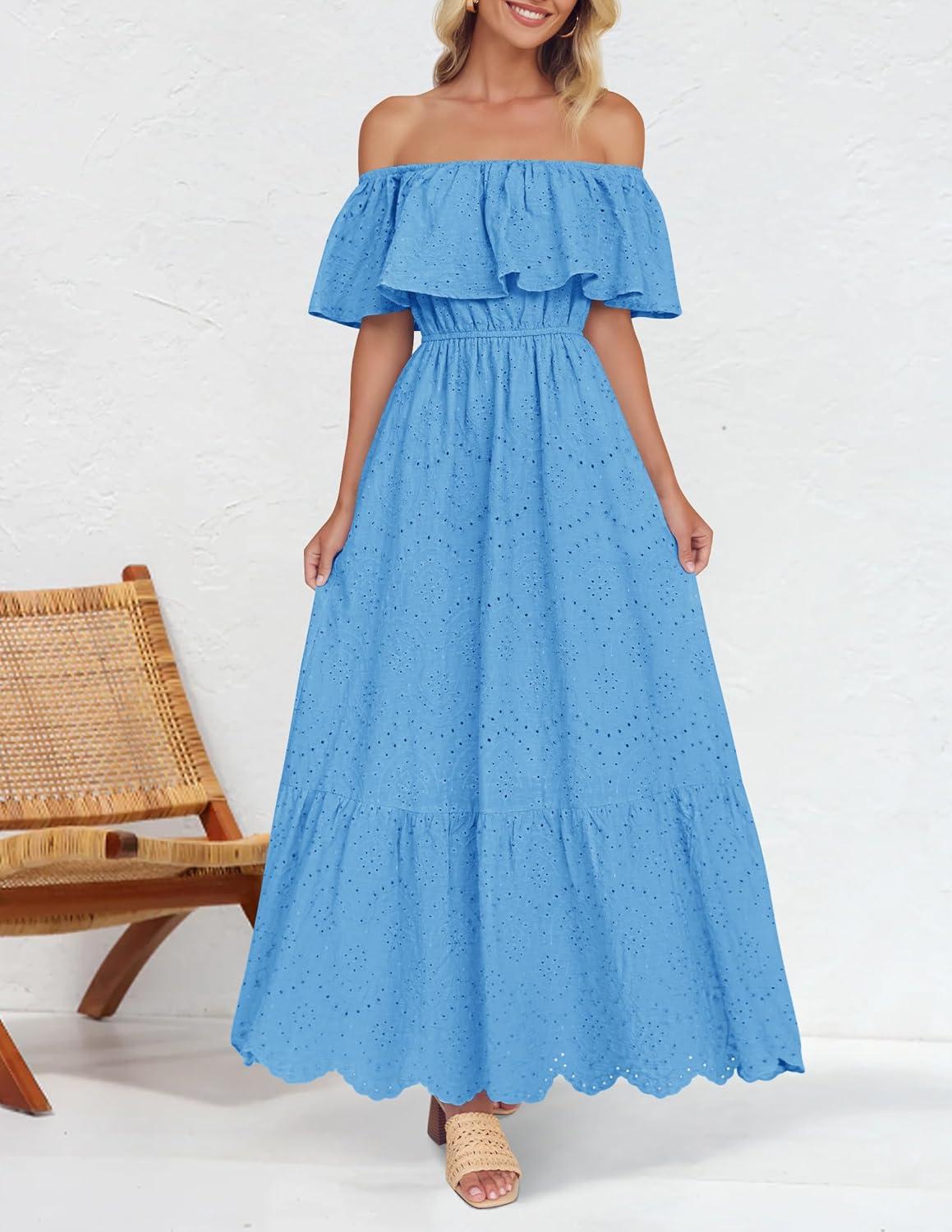 imageZESICA Womens 2026 Summer Off Shoulder Ruffle Midi Dress Short Sleeve High Waist Hollow Out Embroidery Party DressesBlue